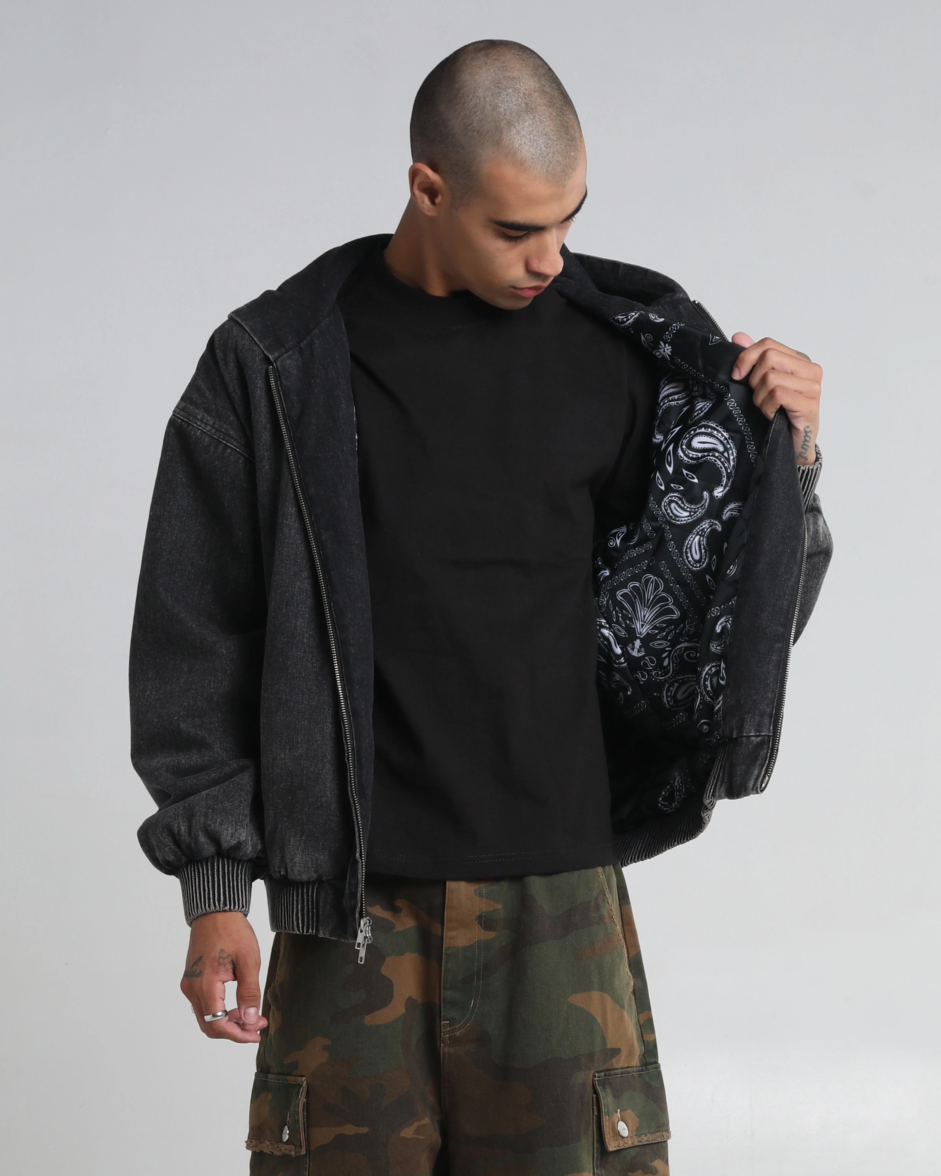 Denim Hooded Bomber Zip Up