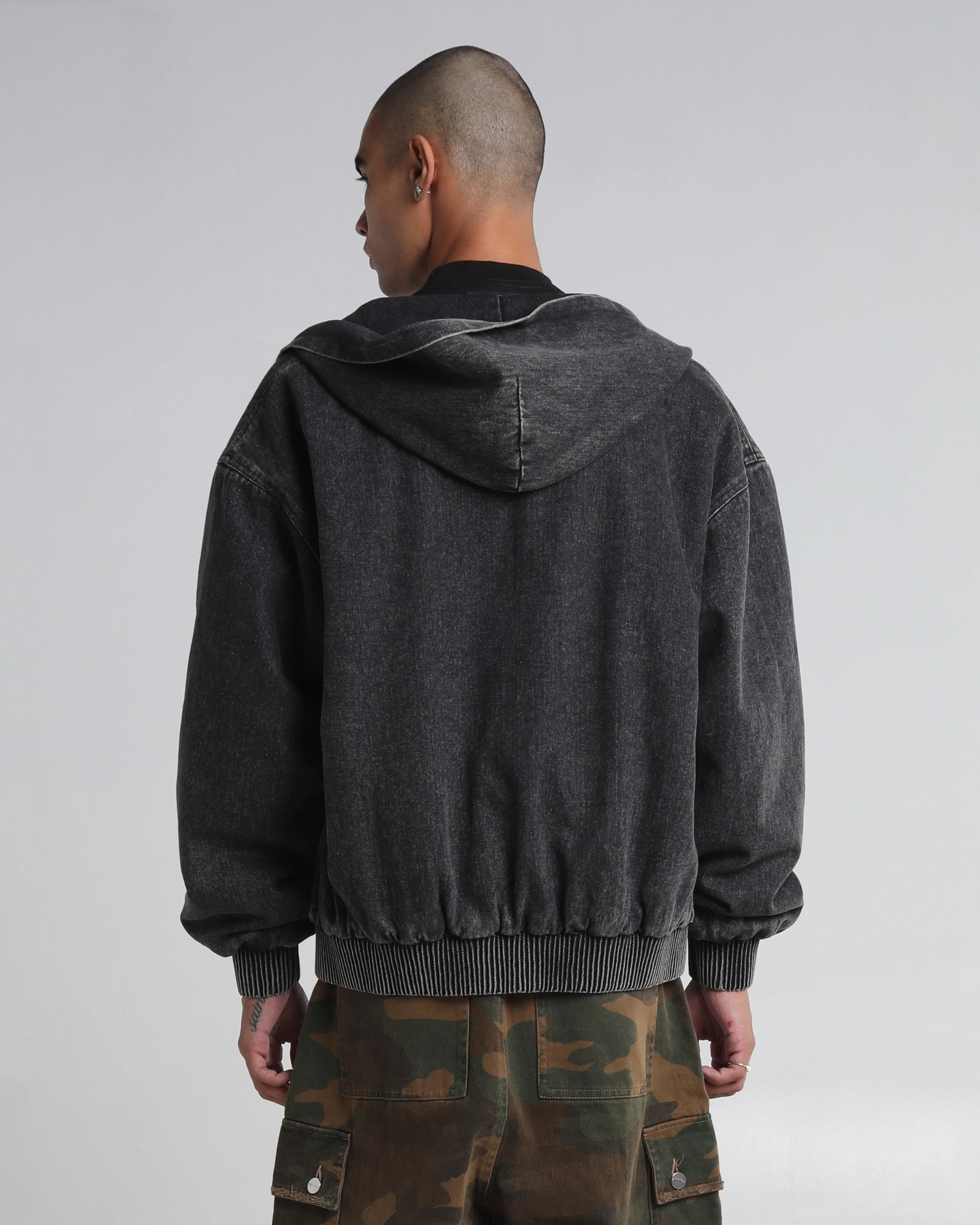 Denim Hooded Bomber Zip Up