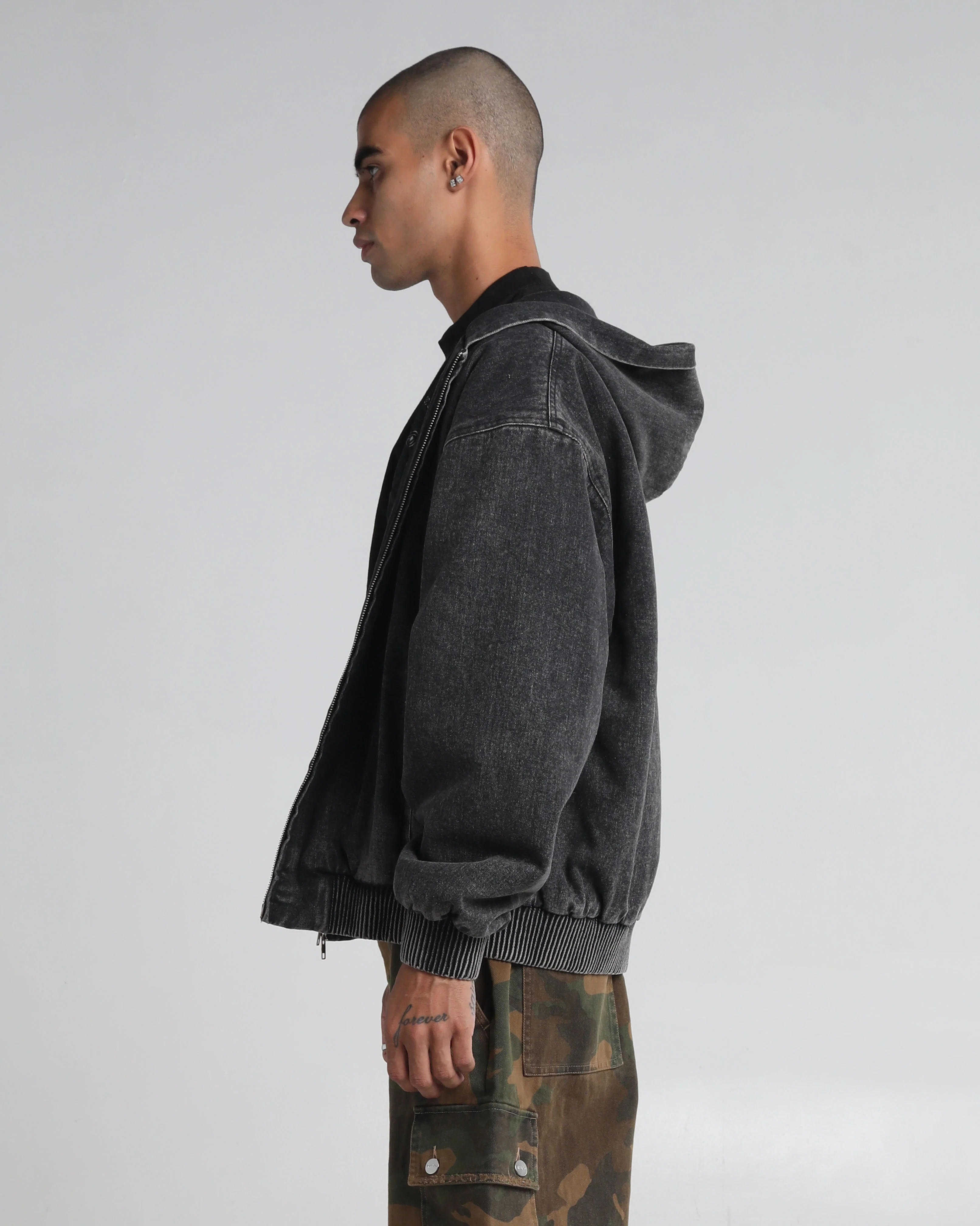 Denim Hooded Bomber Zip Up