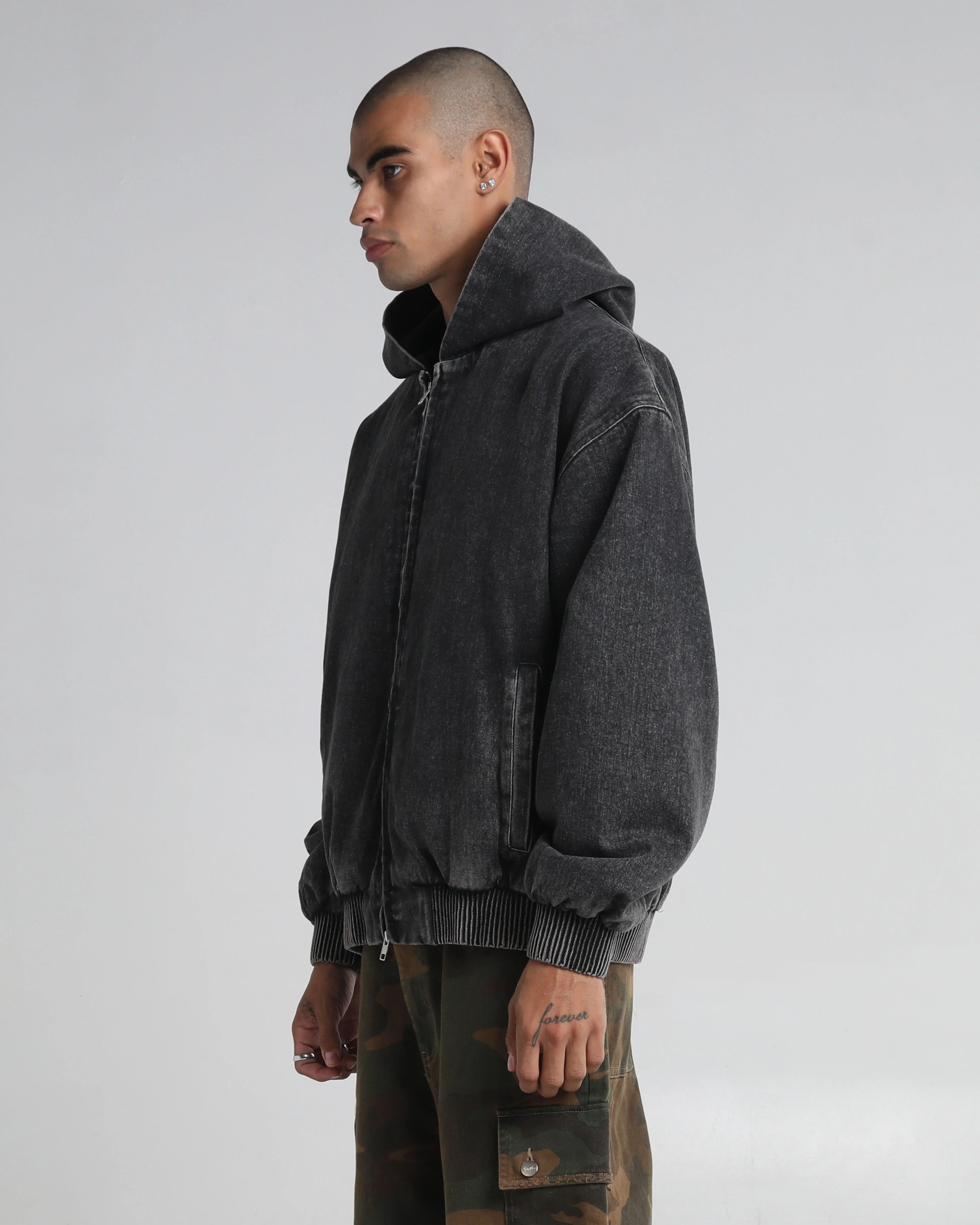 Denim Hooded Bomber Zip Up